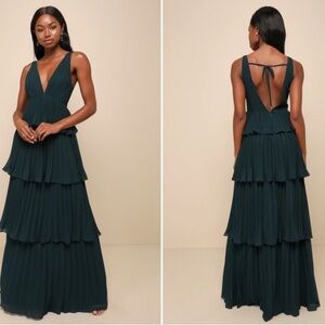 LULU's Prom Wedding Bridesmaid Pleated Tiered Boho Sexy FLowy Ruffles Maxi Dress